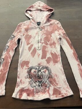Y2K Sledge Tie-Dye Pink Hooded Thermal Pullover with Graphic Detail - Size XL